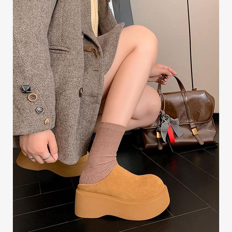 Fashion Women's New Leather Cow Suede Thick Soled Waterproof Platform High Heels, Warm Wool Boken Shoes, Shallow Mouth Mueller Shoes