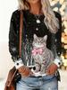 Christmas-themed women's snowflake and kitten print round neck long-sleeved T-shirt, festive black and white casual loose top
