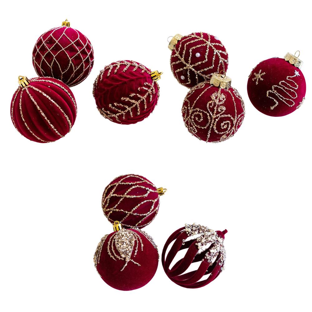 3pcs 8cm Wine Red Flocked Christmas Ornaments Christmas Tree Decorations Plastic Christmas Ball Festive Party Supplies For Home