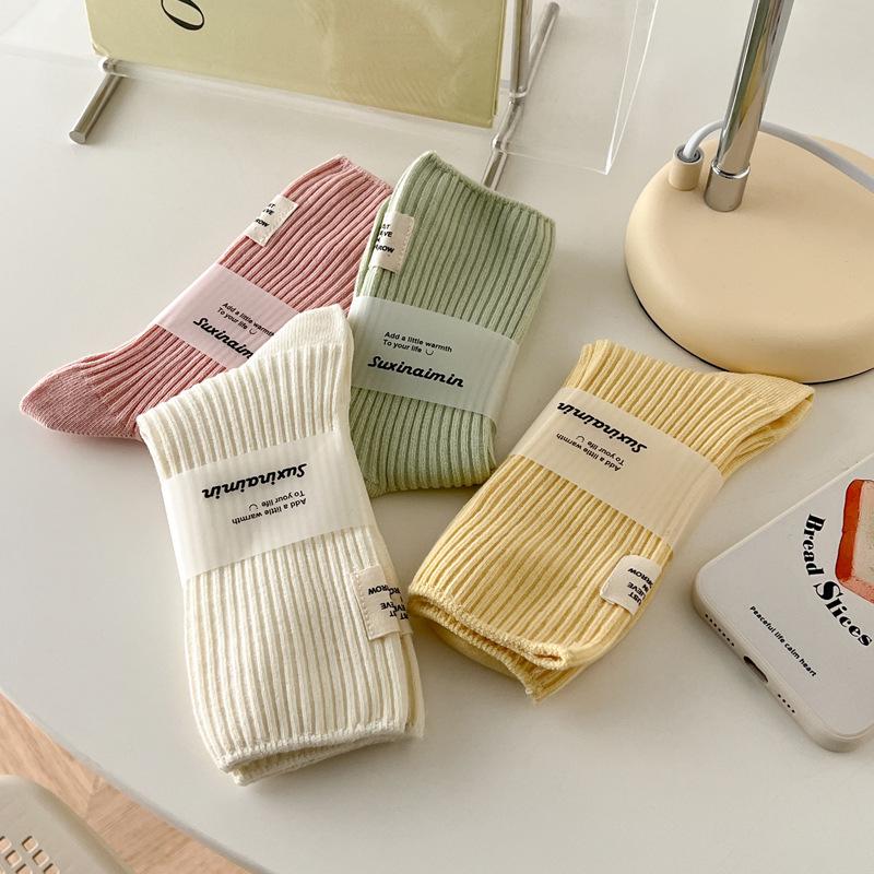 Japanese-Style Cotton Mid-Calf Socks with Waffle Texture and Macaron Fabric Label