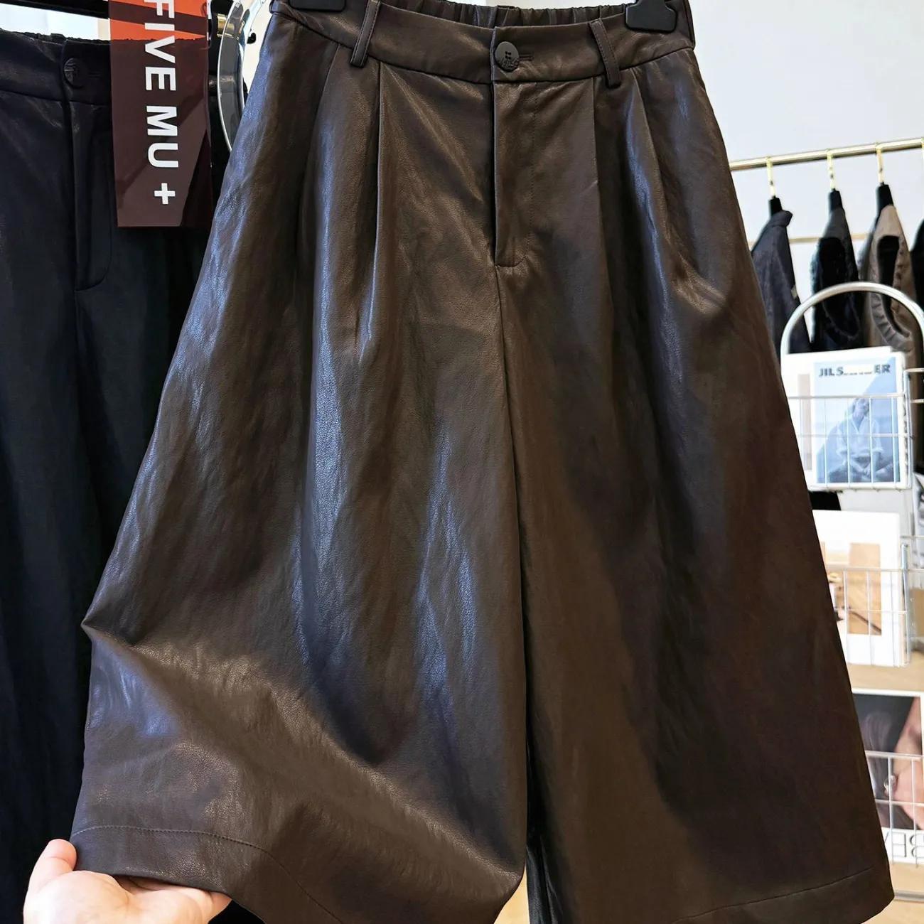 

Fashion High End Elastic Waist A Line Loose Wide Leg Pants Women Autumn Retro Casual Cropped Pant XL кавовий