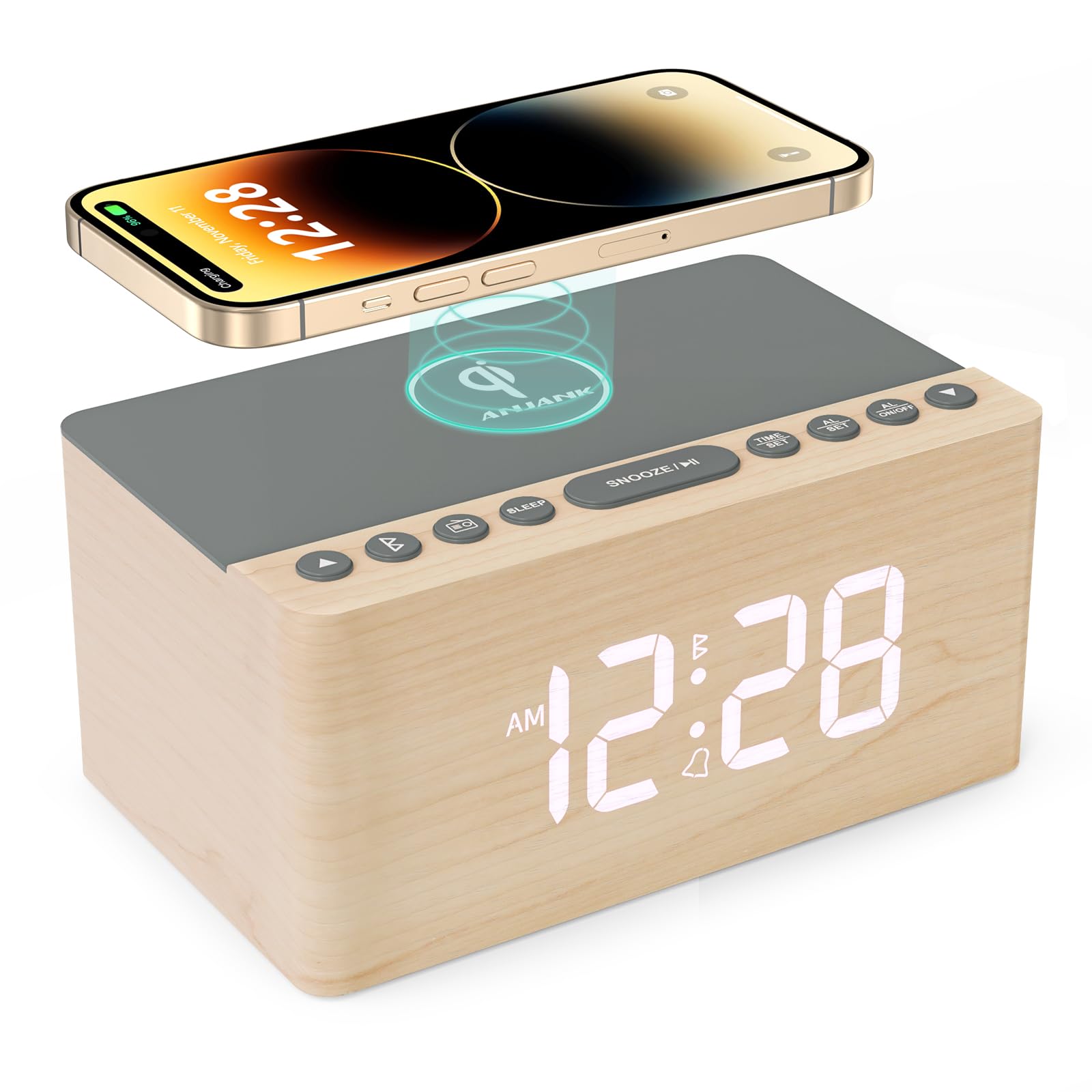 ANJANK Деревянный Будильник с Bluetooth, FM, Беспроводной Зарядкой USB, Спящим Режимом, Цифровым Светодиодным Дисплеем, Стильный Настольный Часы для или Настольной Поверхности, Динамик, Радио, Зарядное Устройство, бежевый