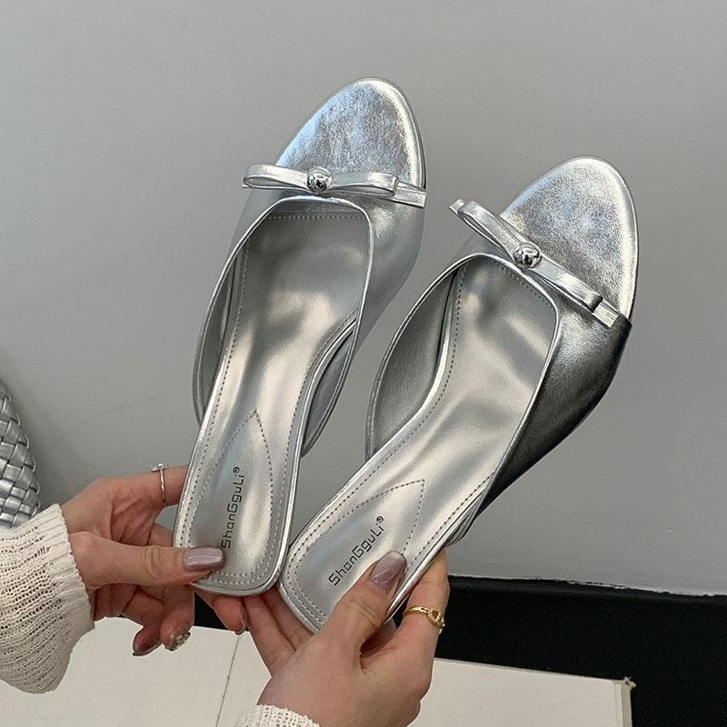 Fashion Fashion Metal Women Low Heel Slippers Slides Female Round Toe Footwear Butterfly-Knot Ladies Heeled Slippers Sandals Shoes Pumps