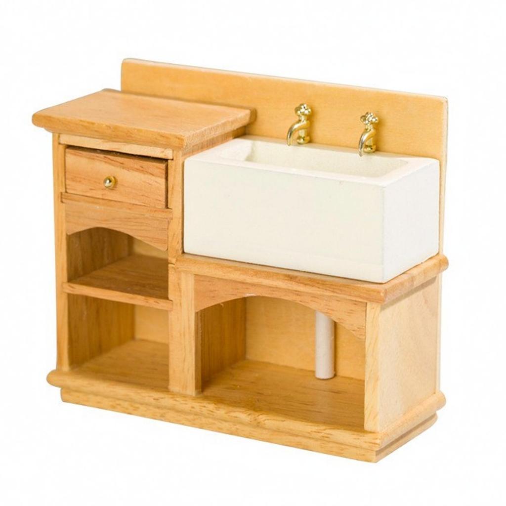 1:12 Scale Wooden Vanity with Sink Wood Finish Miniature Drawer and Shelving Realistic