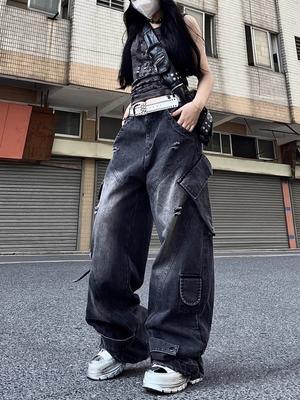 American High Street Hip-Hop Heavy Industry Multi-Pocket Jeans Women Spring Autumn Street Style Straight Workwear Wide Leg Pants