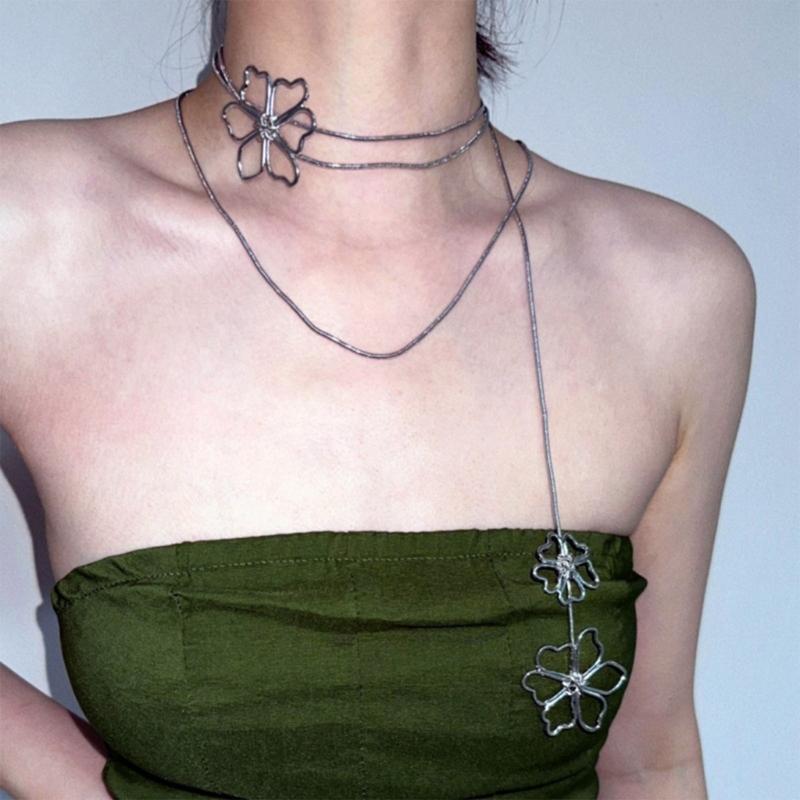 Hollows Long Sweater Necklace Women Elegant Pendant Petal Pattern Necklace for Daily Commute Or Event