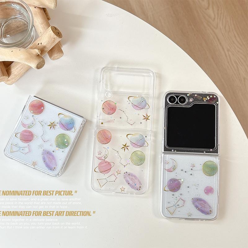 Applicable To Samsung Zflip6 Airbag Anti-Drop Mobile Phone Case Folding Screen Flip W24Flip Planet Glitter Female Model