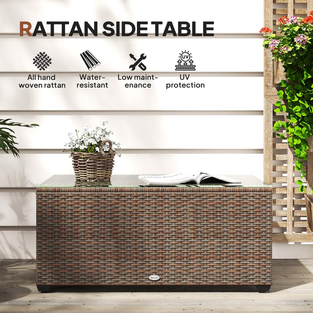 90 X 50cm Glass-Top Rattan Side Table - Brown