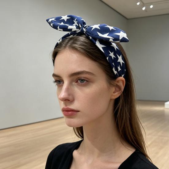 Women Headband USA Flag Independence Day Theme Three-Dimensional Rabbit Ear Bow Shape Headband Sponge Filling Non-Slip Hair Hoop