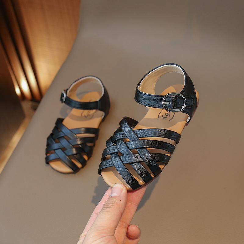 Girls' Sandals 2024 Summer New Children's Buckle Open Toe Beach Shoes Soft Bottom Woven Little Girl Princess Shoes