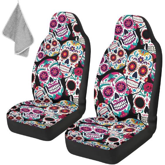 Gothic Skull Car Seat Covers Highback Bucket Seat Cover Universal Front Bucket Seat Cover,2pcs Universal Fit, Halloween Bat Auto Accessories