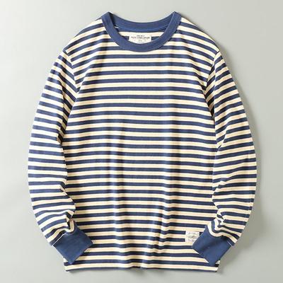 And Autumn Heavy Weight Cotton Navy-Striped Shirt Men's Long-Sleeved T-shirt Cotton Retro Blue and White Stripes Loose Bottoming Shirt Tops Tide