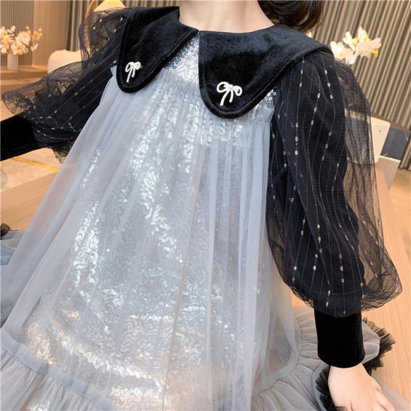 Printemps automne fille gaze nœud papillon robe à paillettes