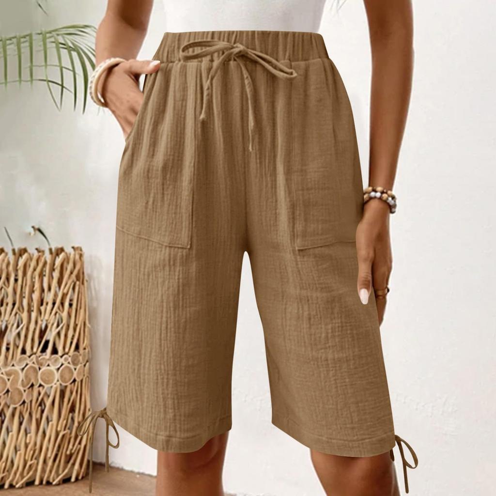 Women's Fashionable Color Elastic Waist Pocket Casual Loose Cotton And Linen Five Quarter Shorts