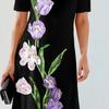 Women Dress Floral Breathable Pullover Sleeves O Neck Short Tulip Print Loose Soft A-line Knee