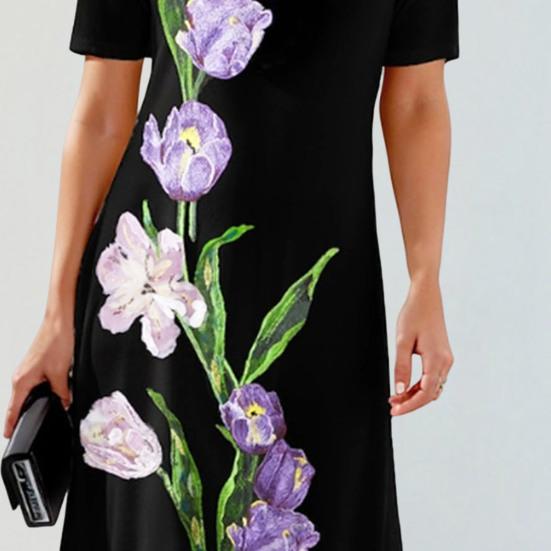 Women Dress Floral Breathable Pullover Sleeves O Neck Short Tulip Print Loose Soft A-line Knee