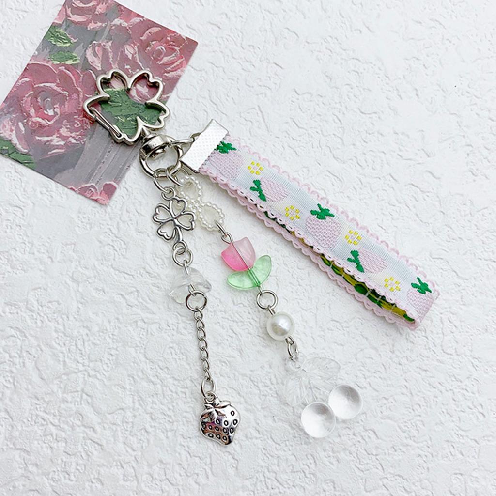 Strawberry Cherrys Ribbon Flower Keychain Charm Colorful Keyring for Women and Girls Bag Accessories Purse Decoration