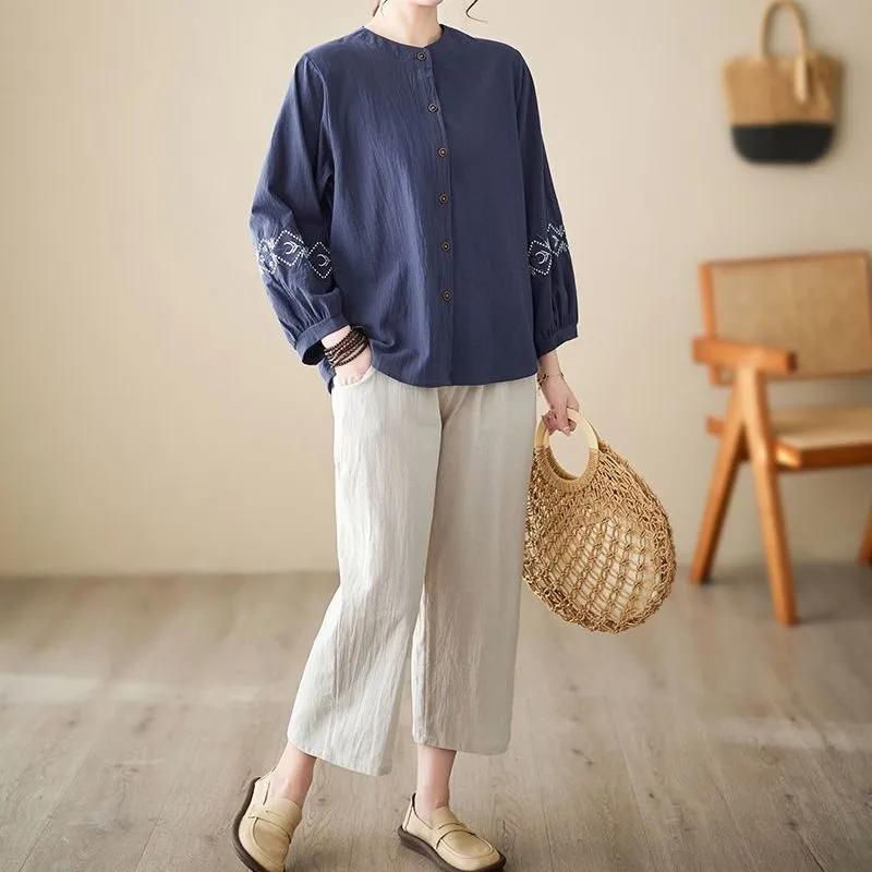 Gilet Cardigan Veste pour Femme avec Broderie sur le revers Style Western Vêtement pour Mère d'âge moyen et âgé Chemise polyvalente