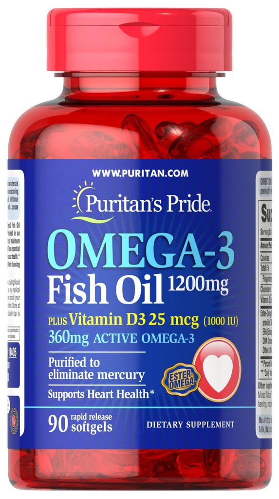 Рыбий жир Puritan's Pride Omega 3 1200 мг плюс витамин D 31000 МЕ, 90 ...