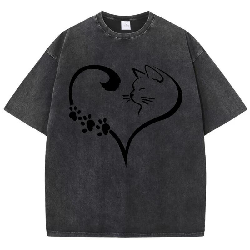 Cute Cartoon Cat Heart Picture Print T Shirts Mans Chic Oversized T-Shirts Design Soft Tee Shirt Senior Breathable Clothes