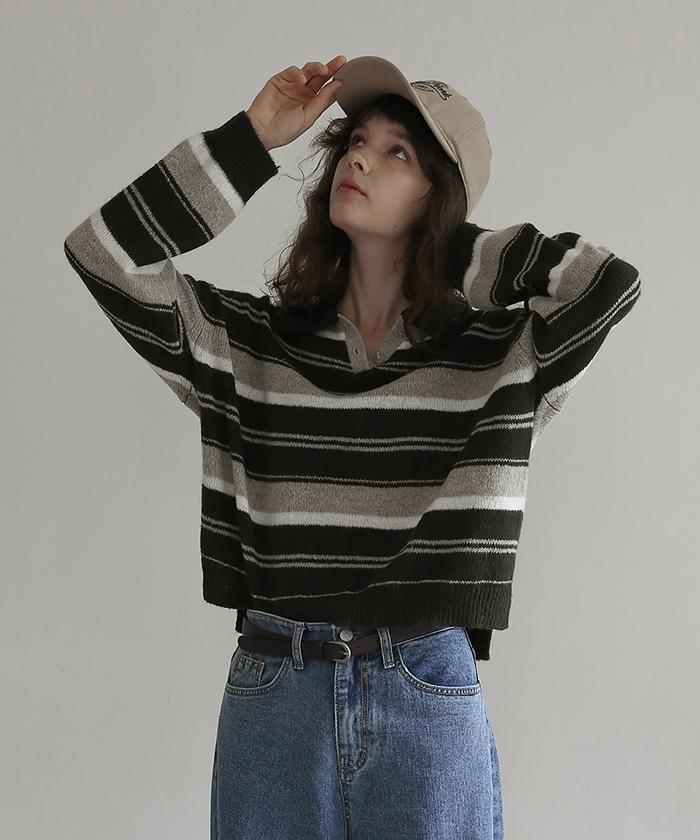 Beleunepeu Of Stripe Pullover Knit_Khaki