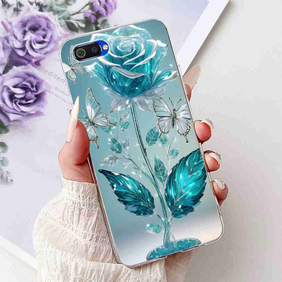 For Realme C2 RMX1941 6.1" Case Summer Fresh Mint Soft Silicone TPU Cover For Oppo Realme c2 C2 Luxurious Flowers Bumper Shell