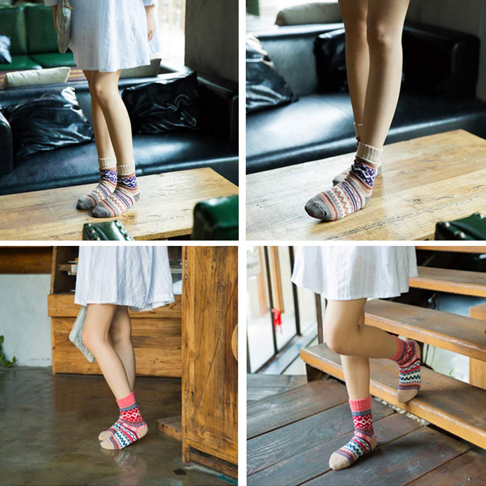 5 Pairs Winter Women Socks Vintage Style Knit Wool Casual Socks Thick Warm Colorful Socks