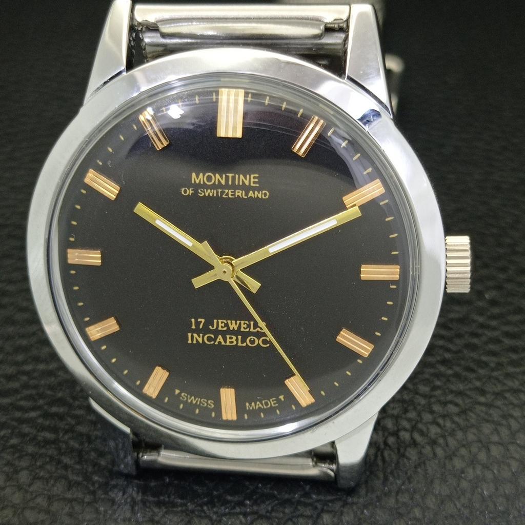 SZWAJCARSKI VINTAGE MONTINE RĘCZNY MĘSKI ODNOWIONY ZEGAREK CZARNA TARCZA a441069-1