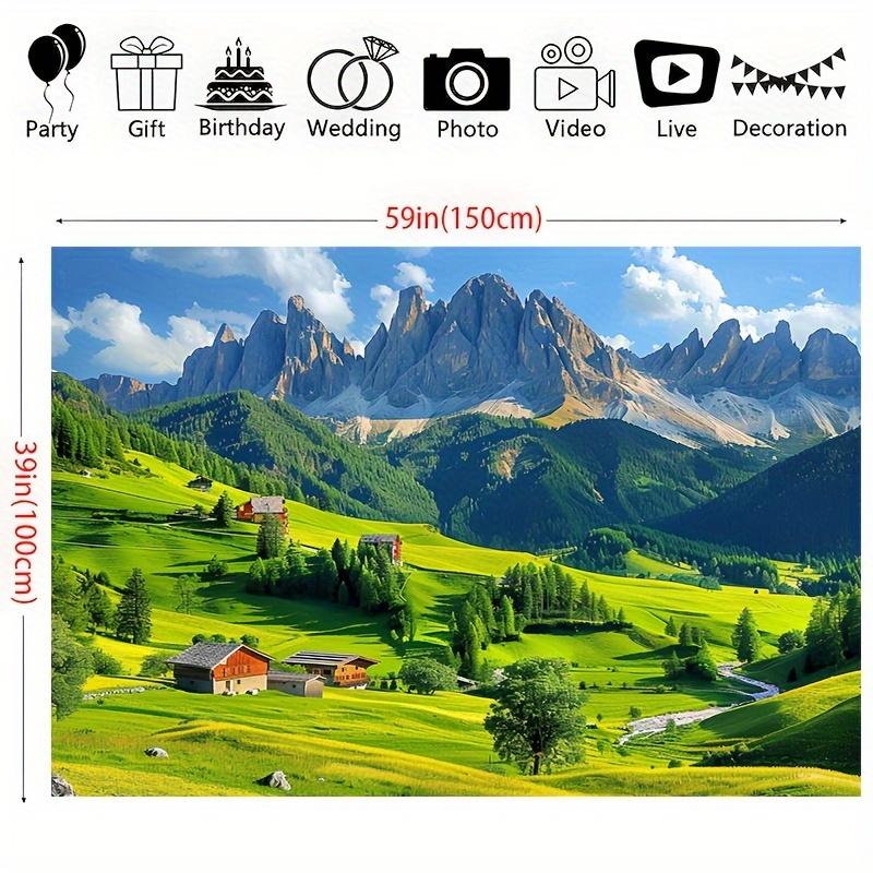 A wall with a tapestry depicting the Swiss Alps - featuring snow-capped mountains lush green grass and farmhouses together