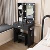 Small Vanity Table with Mirror and Adjustable LED Lighting, Socket, Hair Dryer Holder & Padded Stool - with Drawers and Shelf, Black, W60/H131.5/D38cm