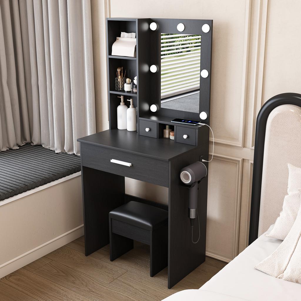 Small Vanity Table with Mirror and Adjustable LED Lighting, Socket, Hair Dryer Holder & Padded Stool - with Drawers and Shelf, Black, W60/H131.5/D38cm