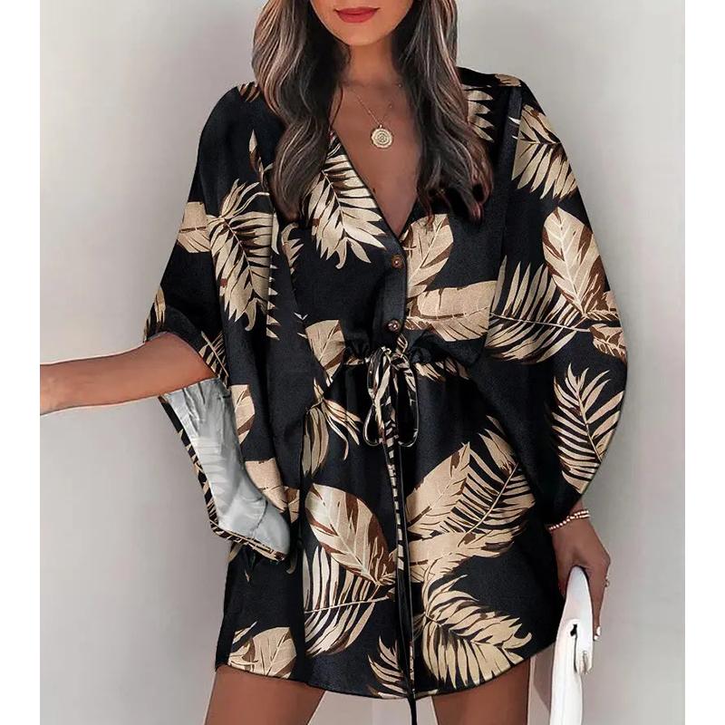 Summer Mini Dress Women Print Batwing Sleeve Lace-Up V Neck Loose Button Dresses Ladies Beach Party Dress