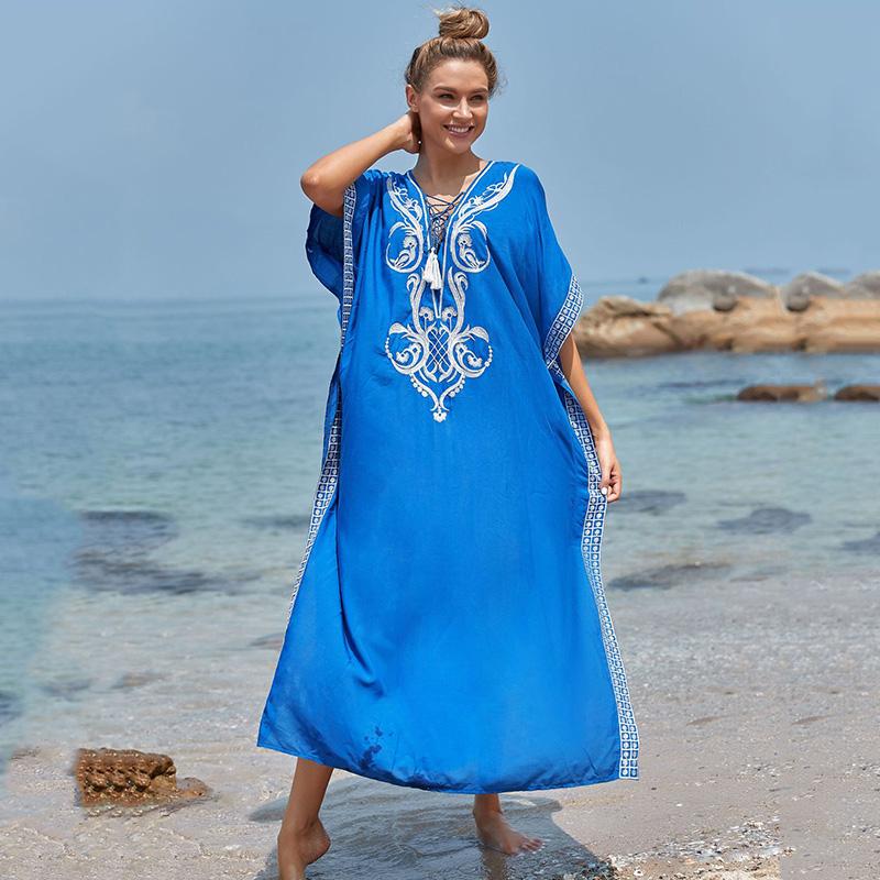 Buy Bohemian Embroidered Kaftan Beach Dress Women Blue Long Cotton Side