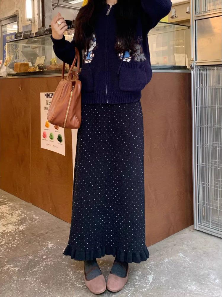 Arctic Fleece High Waist Polka Dot A-Line Skirt - Women's Dark Gray Slimming Mid-Length for Autumn/Winter