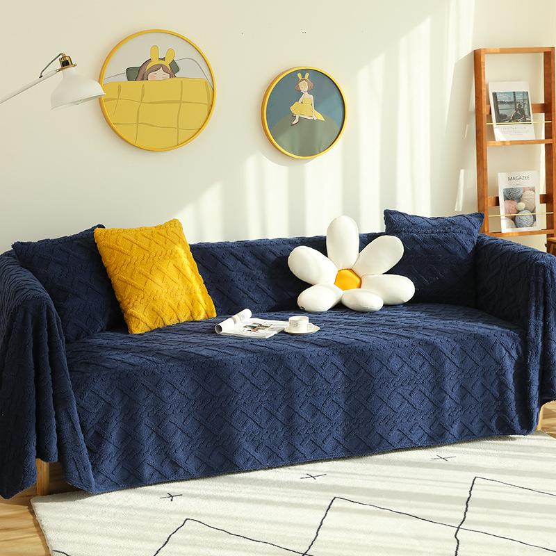 Современные однотонные зимние шерстяные диванные полотенца из овечьей шерсти, утолщенные плюшевые, мягкие и гладкие чехлы для диванов для гостиной, противоскользящие чехлы для диванов 45*45cm темно-синий