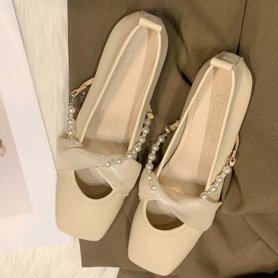 Fashion Spring New Mary Jane Shoes Square Head Shallow Mouth Lace Beaded Line with Single Shoe Flat Women's Shoes