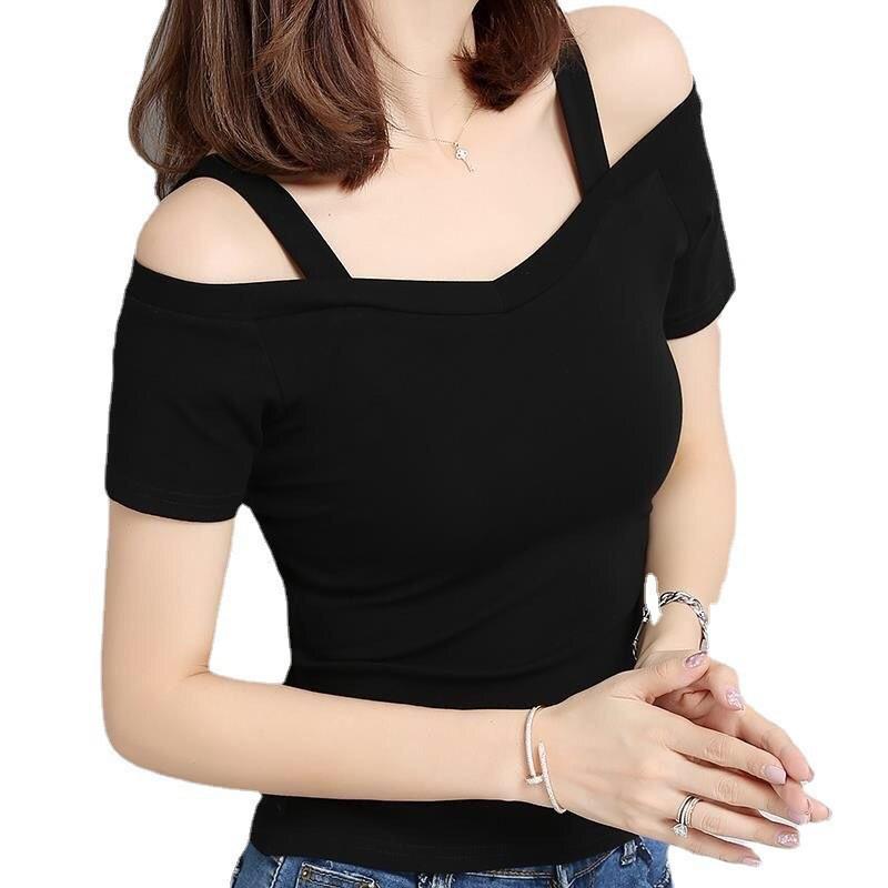 Summer Korean Style Off-Shoulder Suspender T-Shirt - Women's Slim Fit One-Shoulder Short Sleeve Top
