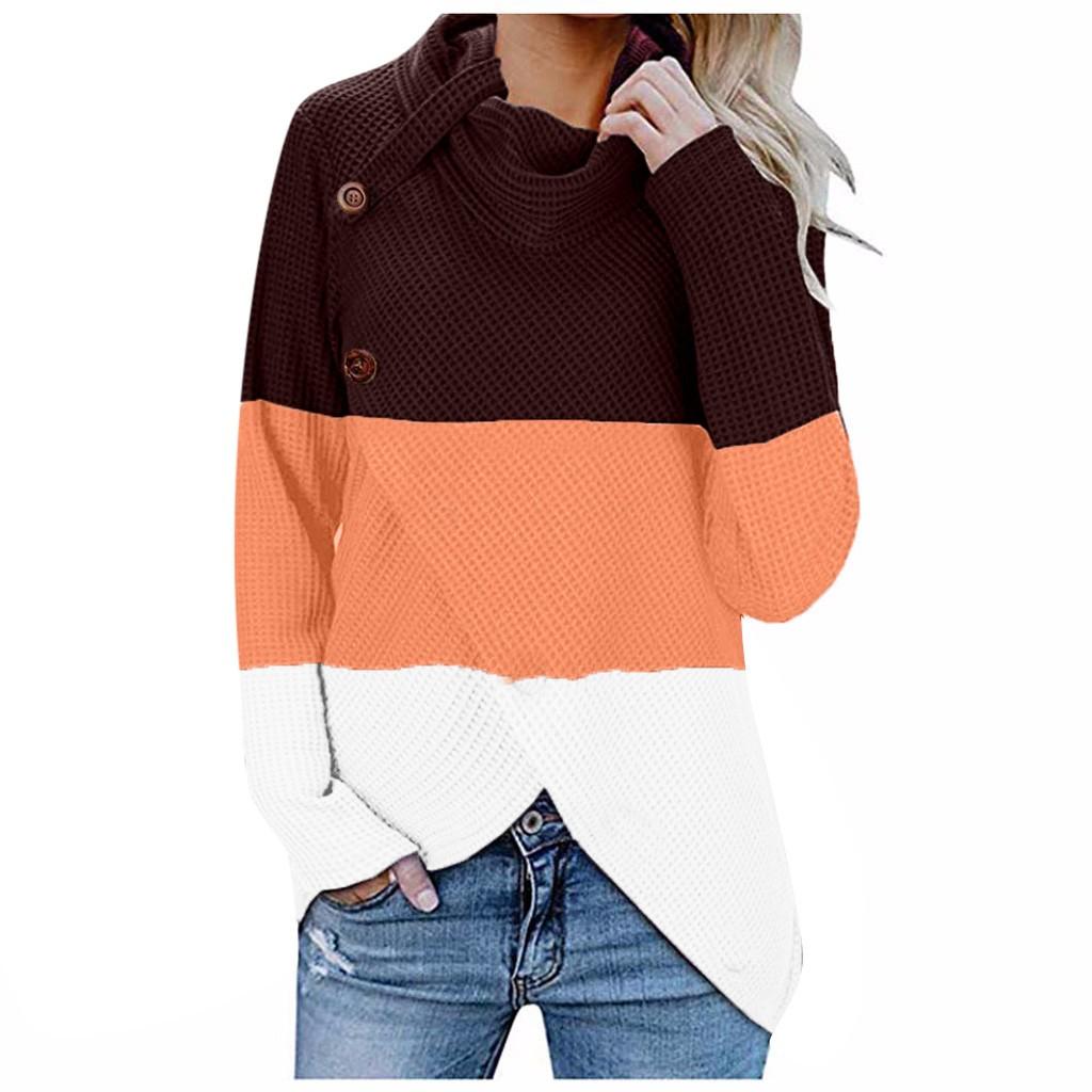 Womens Color Block Cowl Neck Button Chunky Knit Irregular Hem Jumper Pullover
