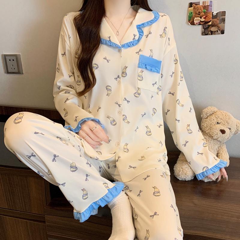 Imitation cotton ruffle leaf edge pastoral cute rabbit girl pajamas autumn long-sleeved cartoon soft glutinous loungewear two-piece set