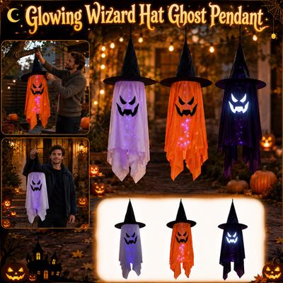 Halloween Hanging Ghost Decoration with Witch Hat and LED Lights for Indoor Outdoor Party Haunted House Yard Hanging Decor