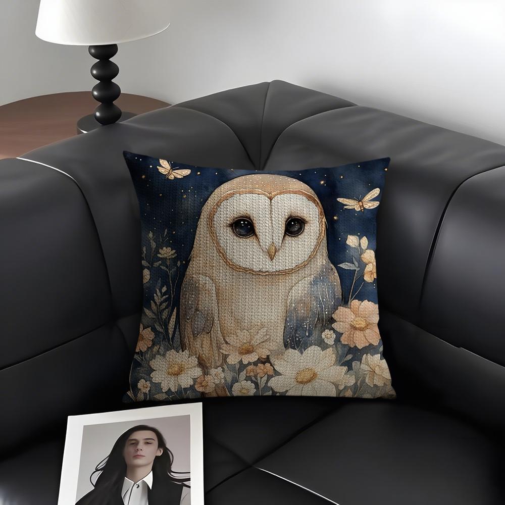 Owl Painting Cushion Cover Natural Linen Organic Fabric Double-Sided Printing Sofa Home Decor Gift Pillow Case