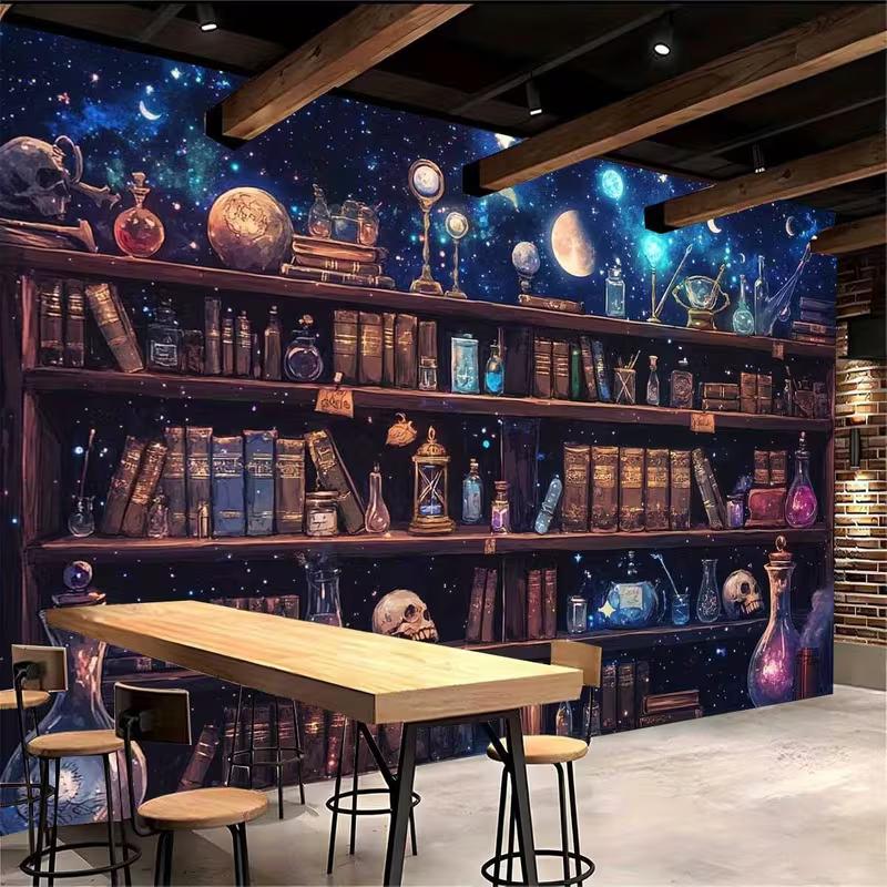 2D Gothic Apothecary Bookshelf Backdrop, Starry Night Magic Room Background