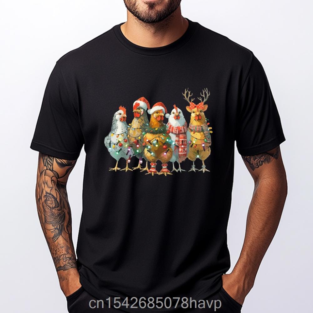 Funny Chicken Christmas Lights Farm Animal Cute Xmas Holiday Printed T-shirt Fashion Casual Clothing