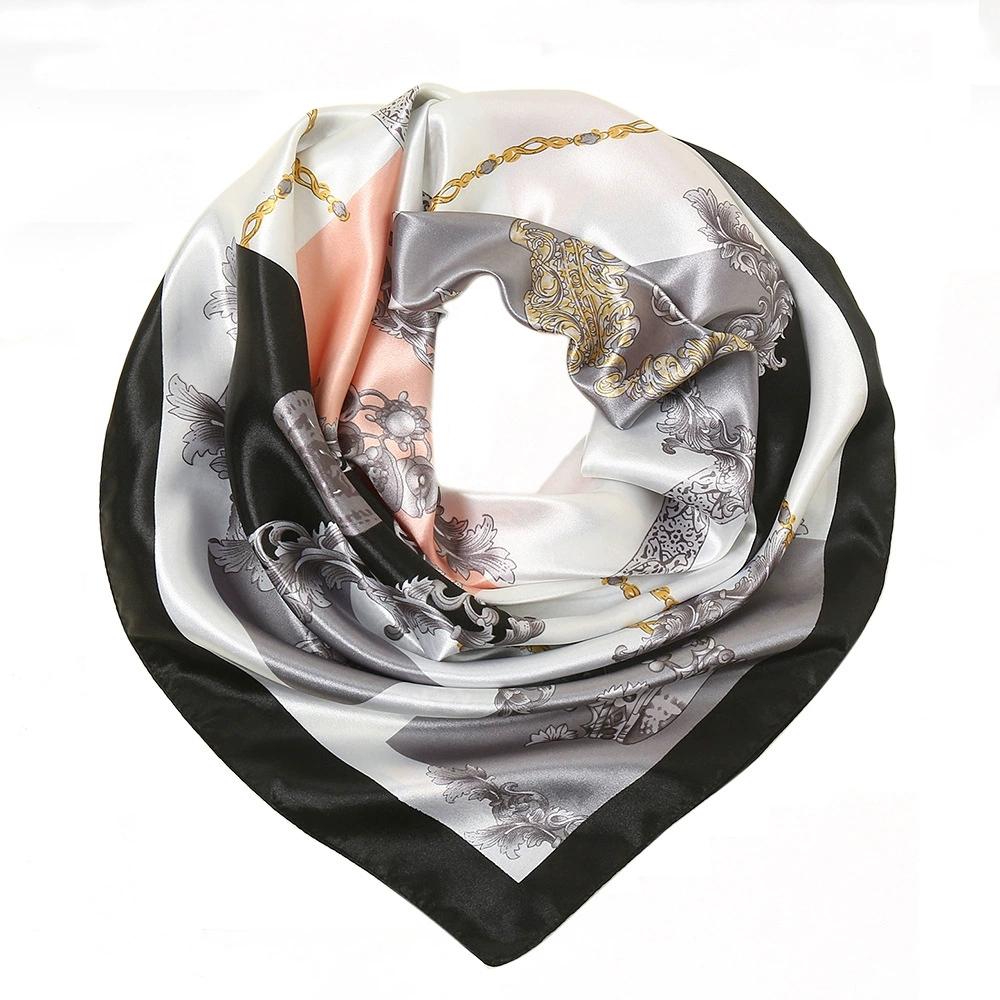 Women Imitation Silk Scarf Luxury Printed Hijab Silk Satin Shawl Foulard Square Head Scarves Wraps For Ladies 90x90CM