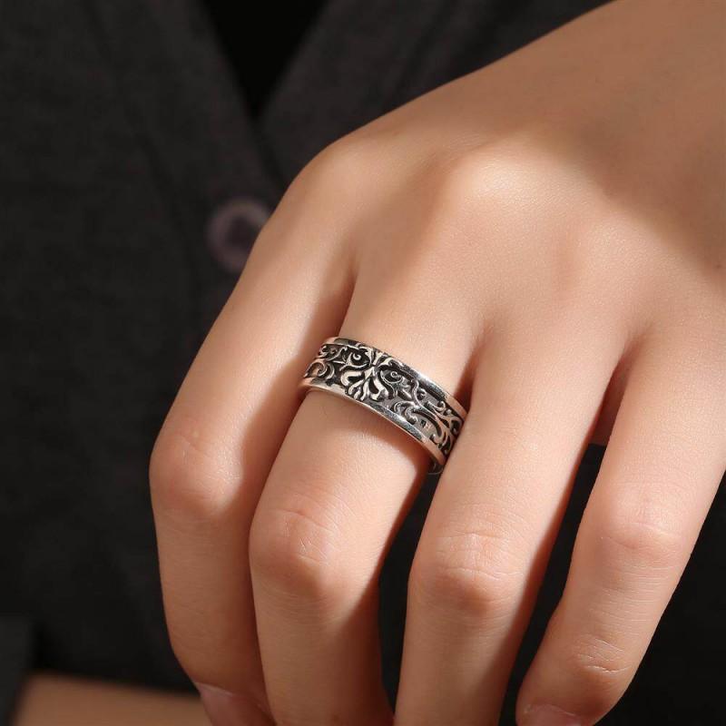 Adjustable Vintage Oxidized Floral Totem Ring Men Women Copper Statement Jewelry Boho Minimalist Style