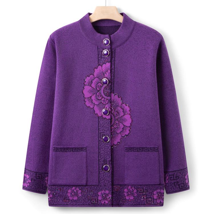 Grandma Round Neck Cardigan Sweater Middle-aged and Elderly Sweater Festive Top 60 Years Old 70 Mother New Chinese Style Jacket