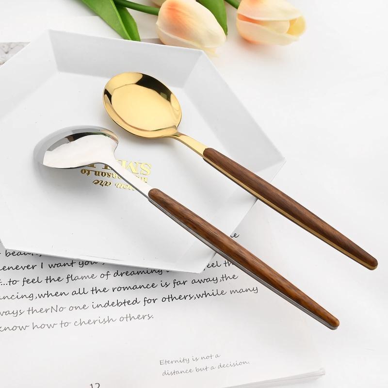 Brown Gold Stainless Steel Dinnerware Set with Imitation Wooden Handle - 4/16 Piece Cutlery Set including Knife, Spoon, Fork