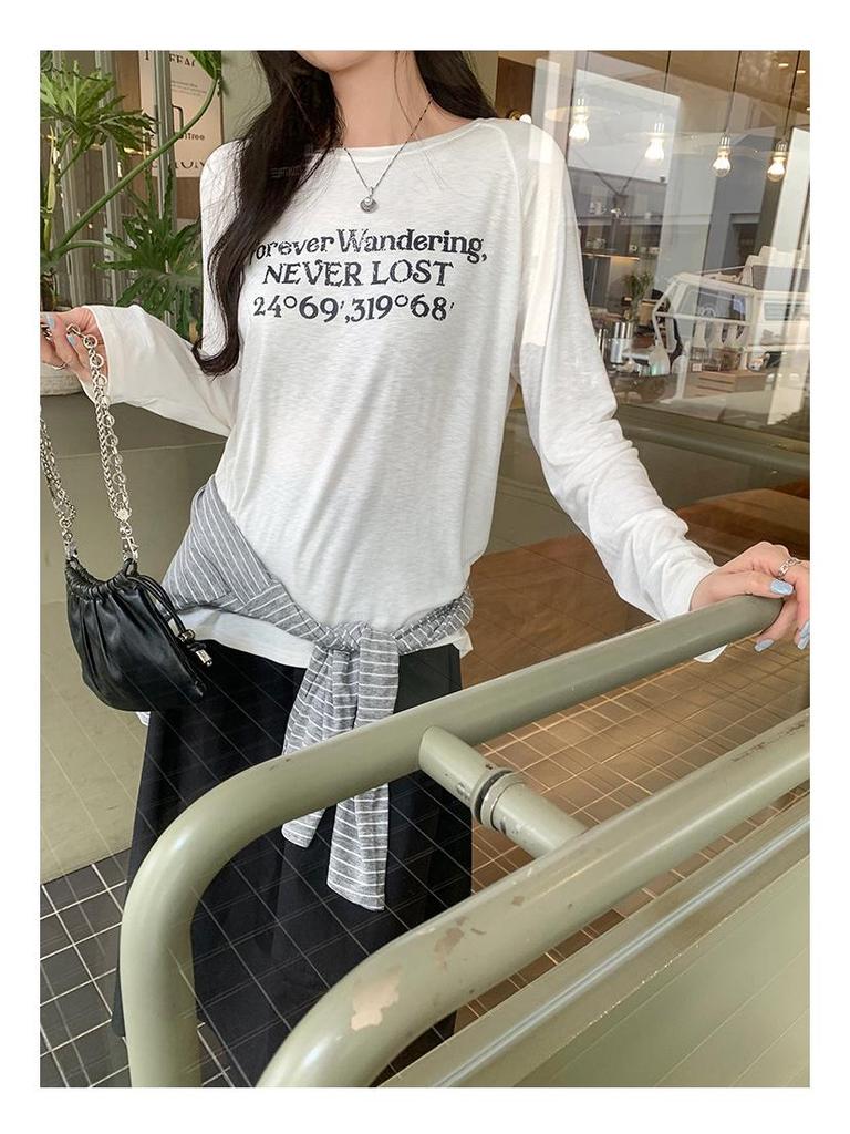 Women's European Style Long Sleeve Loose-Fit Letter Print T-Shirt, American Retro Slim Base Layer