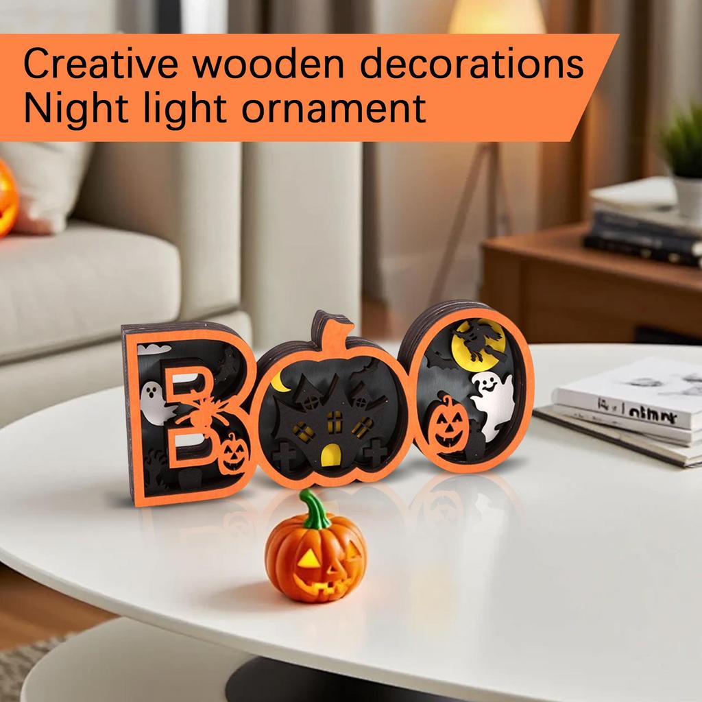 Wooden Halloween Decorative Night Light Sign with 3D Carved Pumpkin Ghost and Haunted House Design for Seasonal Indoor Display