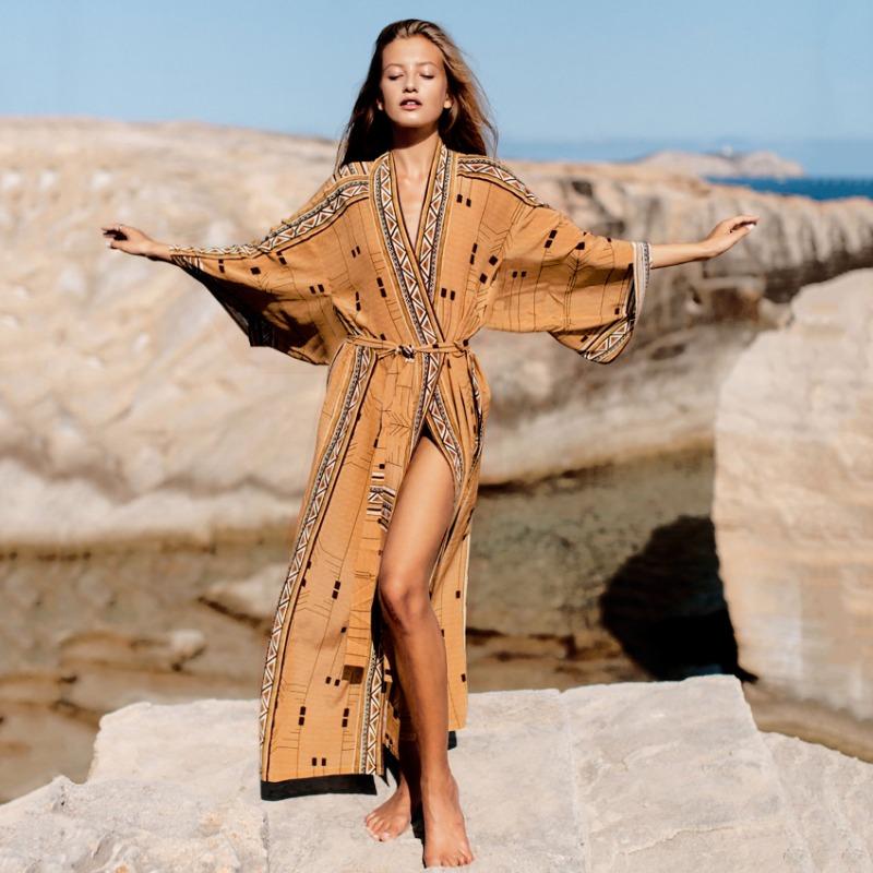 

Женская мода весна осень геометрический принт длинный рукав V-образный вырез свободная талия повседневные платья Size: One Size